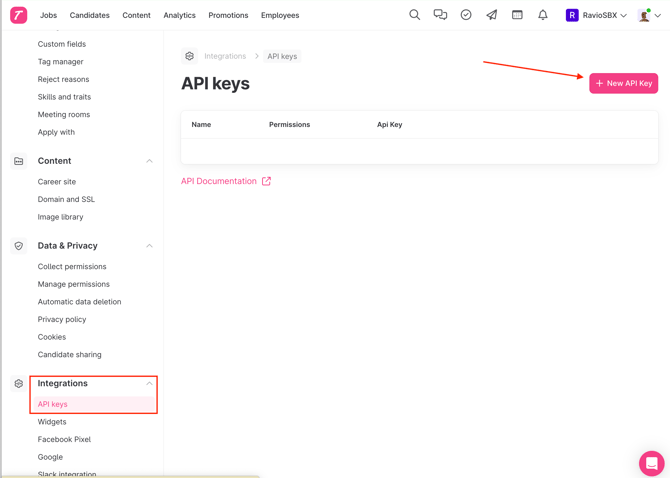 Screenshot of Integrations > API Keys